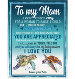 Personalized To My Mom Not Easy For A Woman To Raise Child I Love You Blankets Turtle Gift From Son Mother's Day Fleece Blanket