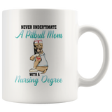 Never Underestimate A Pitbull Mom With A Nursing Degree White Coffee Mug