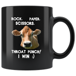 Cow rock paper scissors throat punch I win gift black coffee mug