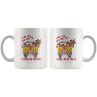 A girl and her sheltie living life in peace sunflower hippie car white coffee mug