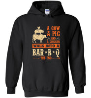 A cow pig chicken walk into a bar b q the end tee shirt