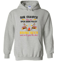 Flamingo camping our camper has an open door policy bring beer and we'll open the door tee shirts