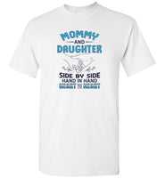 Mommy and daughter side by side hand in hand heart to heart tee shirt