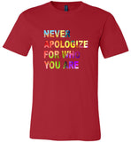 Never apologize for who you are lgbt gay pride rainbow tee shirt