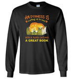 Happiness is curling up in bed with a fluffy cat and a great book lover tee shirt hoodie
