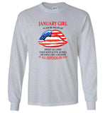 January girl I can be mean af sweet as candy cold ice evill hell denpends you american flag lip shirt
