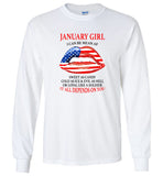 January girl I can be mean af sweet as candy cold ice evill hell denpends you american flag lip shirt
