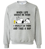 Snoppy when life knocks me down i usually lie there and take a nap T shirt