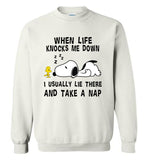 Snoppy when life knocks me down i usually lie there and take a nap T shirt