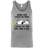 Snoppy when life knocks me down i usually lie there and take a nap T shirt