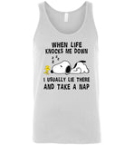 Snoppy when life knocks me down i usually lie there and take a nap T shirt