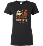 A cow pig chicken walk into a bar b q the end tee shirt