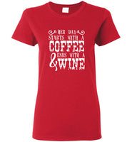 Her day starts with a coffee and ends with a wine tee shirt