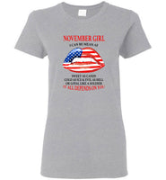 November girl I can be mean af sweet as candy cold ice evil hell denpends you america flag lip shirt