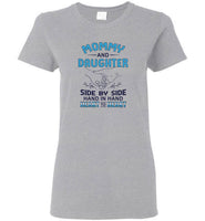 Mommy and daughter side by side hand in hand heart to heart tee shirt