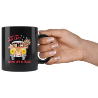 A girl and her cats living life in peace sunflower hippie car black coffee mug