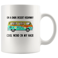 Hippie car cat on a dark desert highway cool wind in my hair white coffee mugs