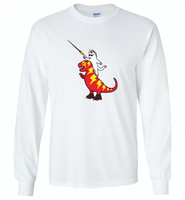 Unicorn Cat Riding Lightning T-Rex - Gildan Long Sleeve T-Shirt