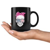 Lady Skull with American Flag and SunGlasses Black coffee mug