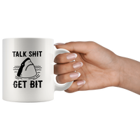 Talk shit get bit shark white coffee mug