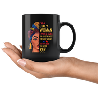 July woman three sides quiet, sweet, funny, crazy, birthday black gift coffee mug