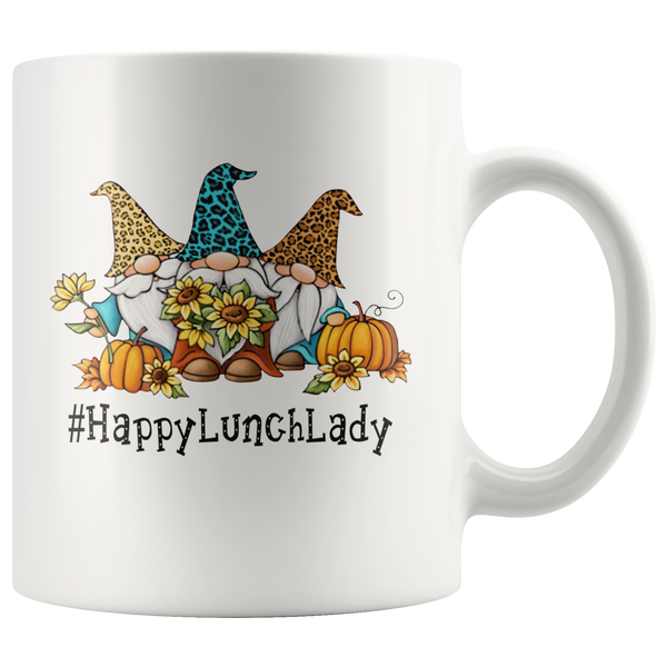 Happy Lunch Lady Gnome Gnomies Autumn Pumpkin Sunflower Halloween Christmas Xmas Graphic Gift White Coffee Mug