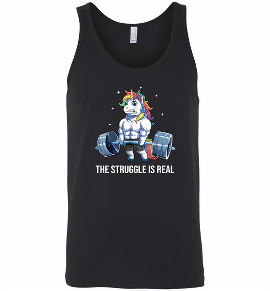 Unicorn Weightlifting Fitness Gym Deadlift Rainbow, The Struggle Is Real - Canvas Unisex Tank
