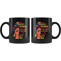 March woman three sides quiet, sweet, funny, crazy, birthday black gift coffee mug