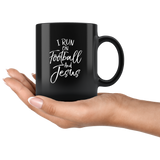 I run on football and jesus black coffee mug