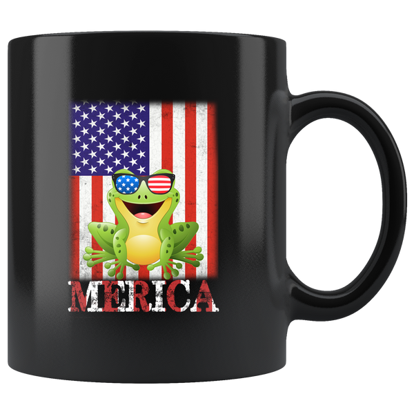Merica Frog With Glasses American Flag Black Coffee Mug