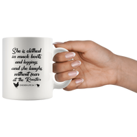 She clothed in muck boots leggings, laughs without fear the Rooster mother chicken life black gift coffee mug