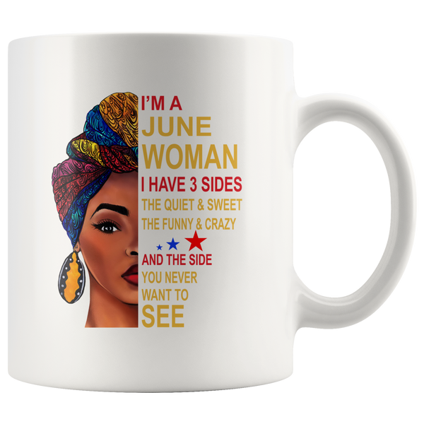 June woman three sides quiet, sweet, funny, crazy, birthday black gift coffee mugs