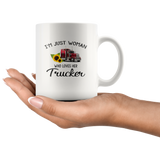 I'm just a woman who loves her trucker sunflower white coffee mug