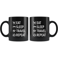 Eat sleep travel repeat black coffee mug