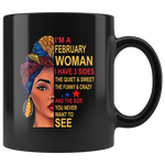 February woman three sides quiet, sweet, funny, crazy, birthday black gift coffee mug