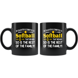 My daughter is committed to softball that means so is the rest of the family black coffee mug