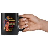 March woman three sides quiet, sweet, funny, crazy, birthday black gift coffee mug