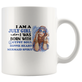 I am a july girl was born with gypsy soul hippie heart mermaid spirit birthday white coffee mug