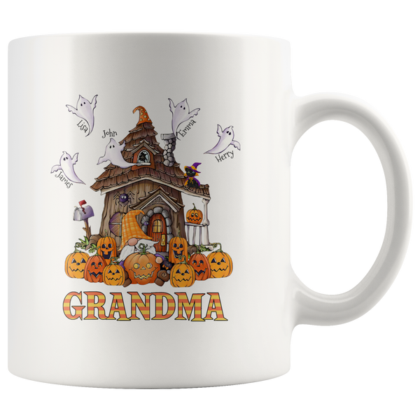 Personalized Grandma Halloween Gift, Gift For Grandma Mom Mimi Nana Gift Idea From Grandkids Kids Custom Name White Coffee Mug