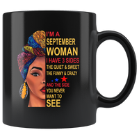September woman three sides quiet, sweet, funny, crazy, birthday black gift coffee mug