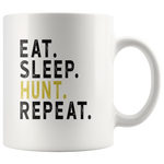 Eat sleep hunt repeat black gift coffee mug, like hunting