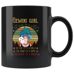 Gemini girl the soul of a witch fire lioness heart hippie mouth sailor vintage black gift coffee mug