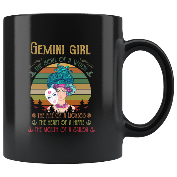 Gemini girl the soul of a witch fire lioness heart hippie mouth sailor vintage black gift coffee mug