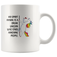 My spirit animal is a drunk unicorn who stabs annoying people white coffee mug