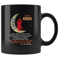 Wife To my husband I love you to the moon and back black gift coffee mug