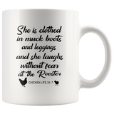 She clothed in muck boots leggings, laughs without fear the Rooster mother chicken life black gift coffee mug