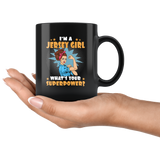 I'm a jersey girl what's your superpower strong woman black coffee mug