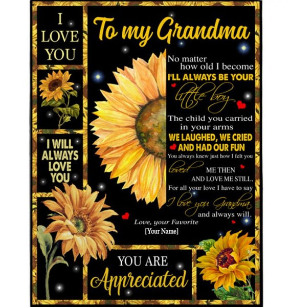 Grandma Gift From Grandson, I Love You Appreciated Grandma Sunflower Personalized Custom Mothers Day Gift Blanket
