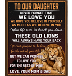 Personalized Never Forget That We Love You Our Daughter Mom Dad Gift For Daughter Lions Black Fleece Blanket