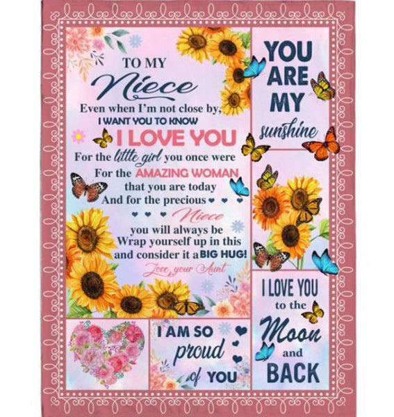 Personalized Customize To My Niece I Love Proud You Sunshine Wrap Yourself Up Big Hug Gift From Aunt Butterfly Sunflower Fleece Blanket